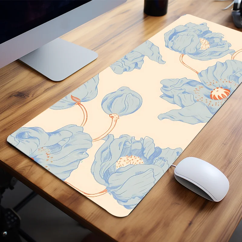 Blue Flower Elegance Mousepad Large Floral Design Deskpad Desk Accessories for Office Natural Rubber Stitched Edge Gift for Girl