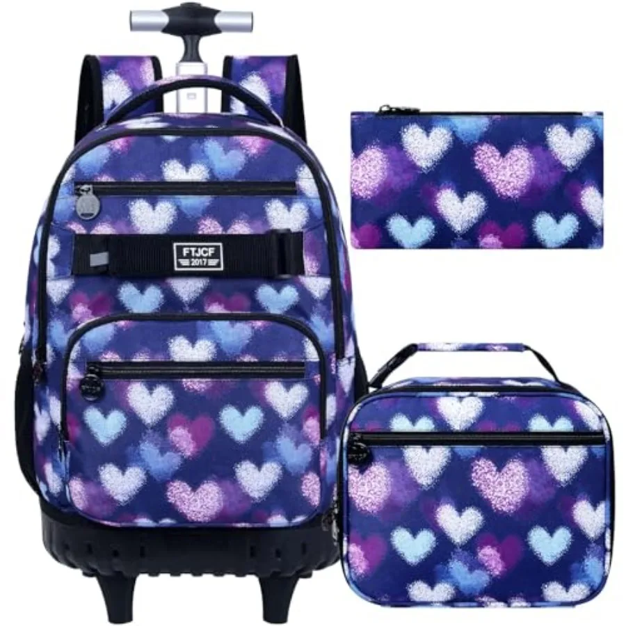 

Girls Rolling Backpack, Womens School Backpacks with Wheels, Water-Resistant Roller Wheeled Bookbag Set with Lunch Box