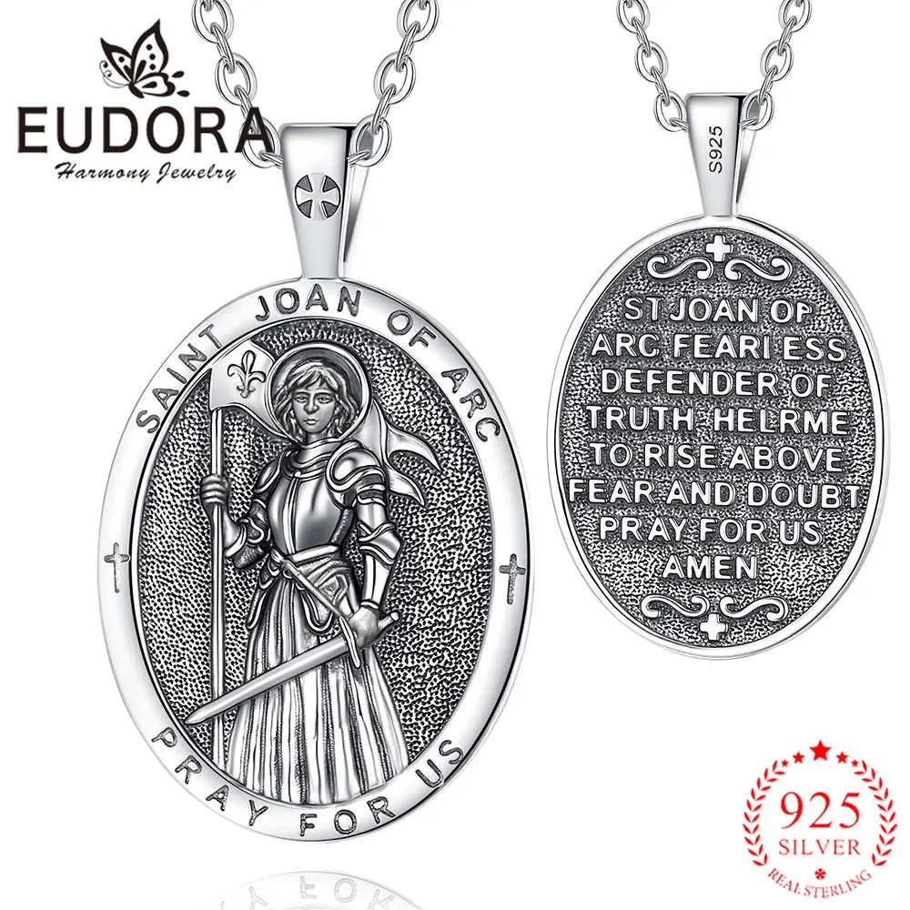 Eudora 925 Sterling Silver Saint Joan of Arc Necklace for Women Jeanne dArc Medal Pendant Religious Jewelry Festival Gift