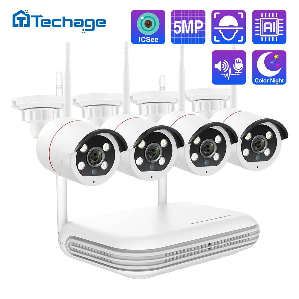 Techage 4CH HD 5MP Wireless Camera System AI Face Detected Colorful Nihgt Vision H.265 Mini WiFi NVR Security Kit CCTV Video P2P