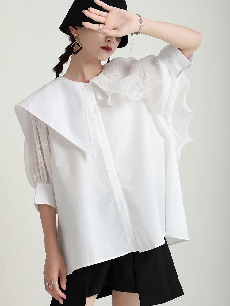 [EAM] Women Green Irregular Ruffles Big Size Blouse New Lapel Short Sleeve Loose Fit Shirt Fashion Spring Summer 2024 1DF4886