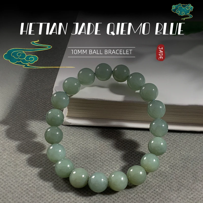 Genuine Natural Hetian Jade And End Blue 10mm Bead Bracelet High Jewelry Bracelet With Gift Box Neutral