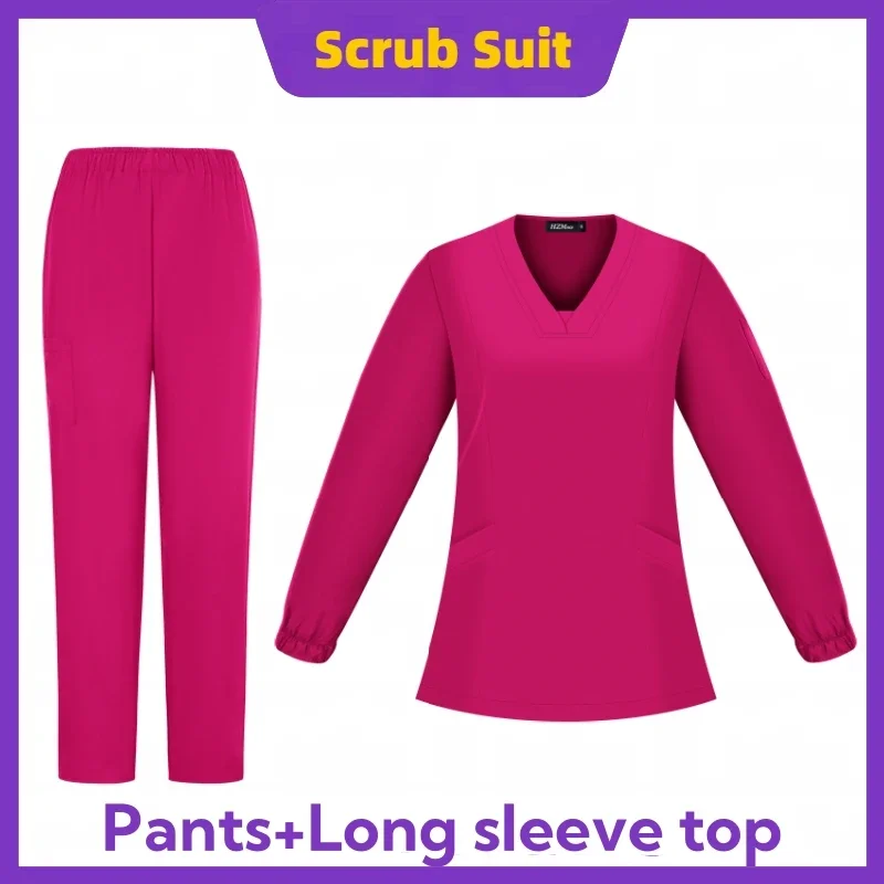 NOWOŚĆ Scrub Tops Pants V-neck Surgical Uniform Long Sleeved Surgery Clothes Suit Pet Grooming Nursing Scrub Set Dentistry Workwear