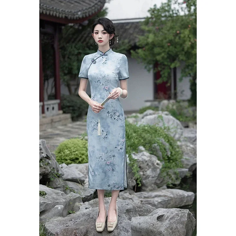 

Новое жаккардовое платье Cheongsam весна/лето 202, длинное улучшенное двухслойное Cheongsam для девочек
