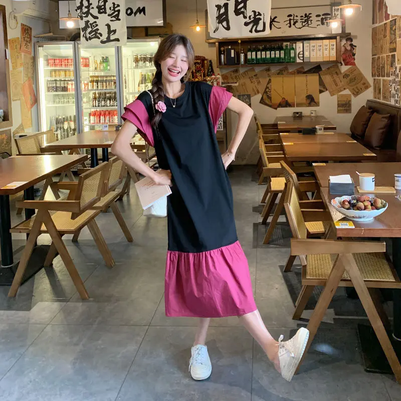 Robes Patchwork surdimensionnées femme décontracté coréen Patchwork t-shirt robe été tempérament ample plissé à manches courtes robe longue