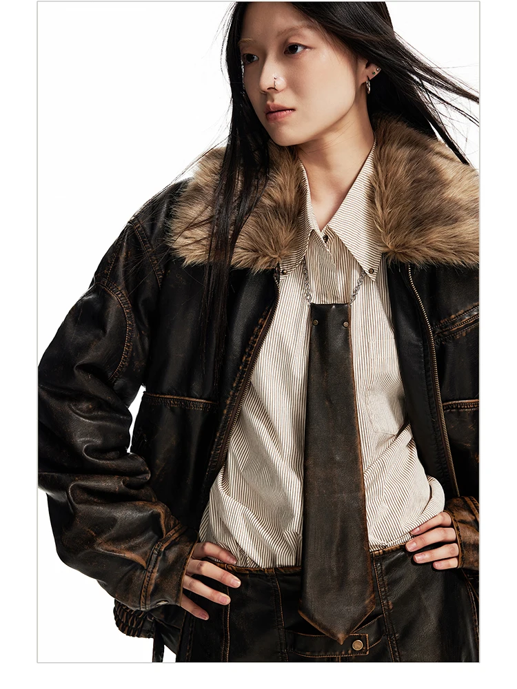 Lautaro Spring Autumn Cool Handsome Vintage Distressed Brown Pu Leather Jacket Women Faux Fur Collar Luxury Designer Clothing