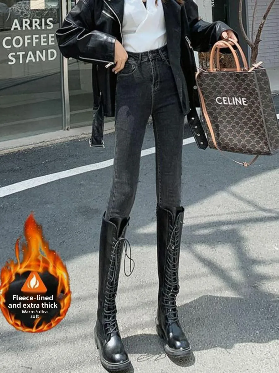

Женские утепленные джинсы-скинни с высокой талией и флисовой подкладкой, зимние, укороченные, теплые, облегающие леггинсы
