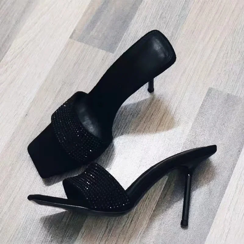 Summer  Yang Shulin Same Style Square Headed Black rhinestone with Sandals Slim Heels High Heel Sandals for Women