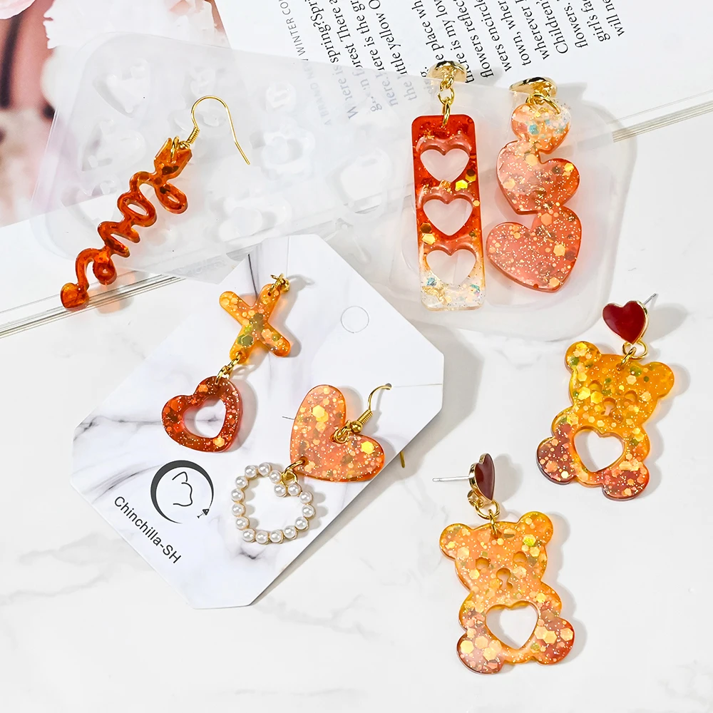 SZ084 Valentine's Day Heart Wing Shaped Earrings Resin Molds Handmade Cherry Bow Jewelry Pendant Epoxy Silicone Mold