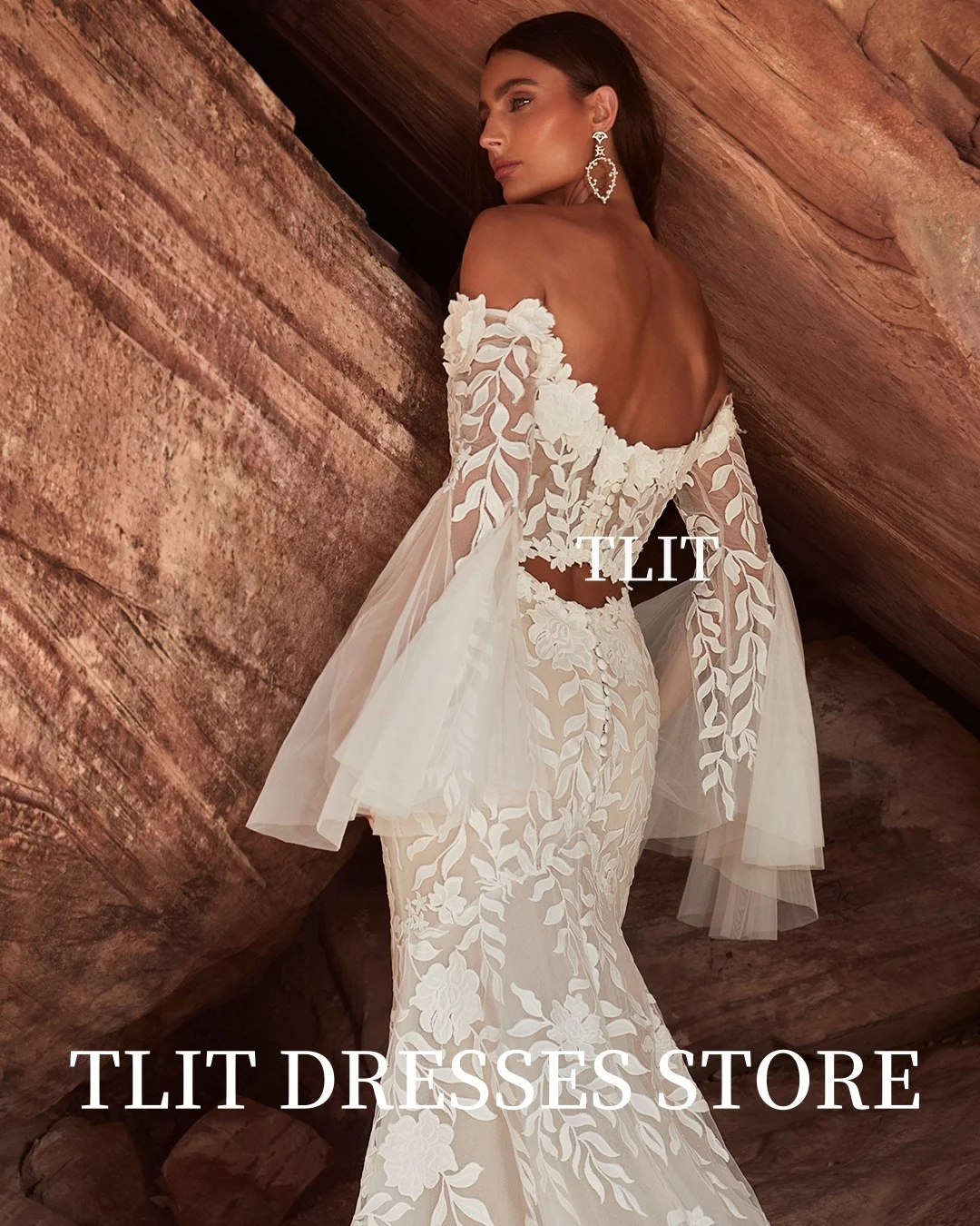TLIT Abiti da sposa eleganti in pizzo Sweetheart con spalle scoperte Maniche svasate Abiti senza schienale Robe De Mariée Sweep Train personalizzato