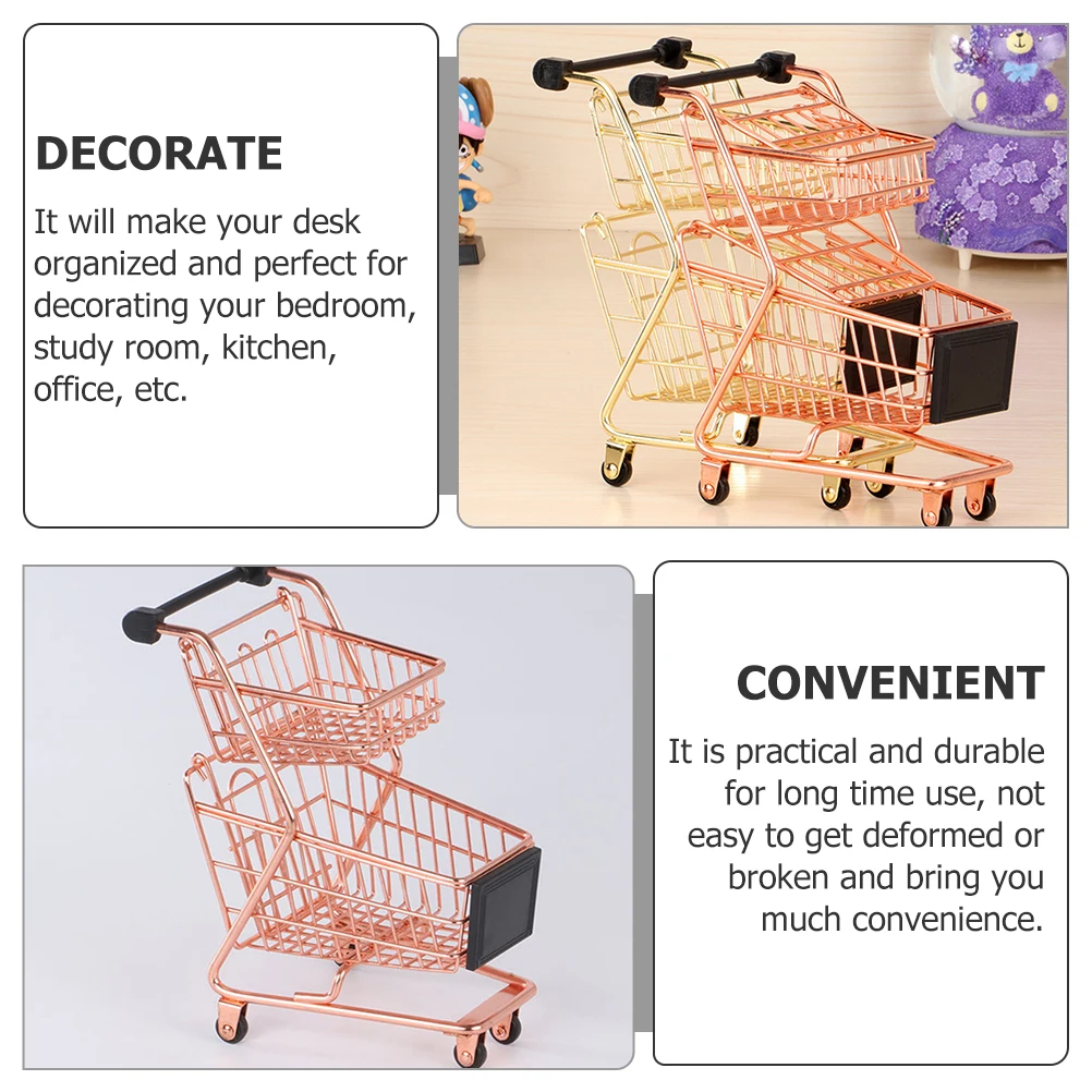 Mini carrito de compras dorado, organizador de almacenamiento de escritorio, carrito de mano para niños, dormitorio, oficina, cocina, uso pequeño bolígrafo de Metal para dulces