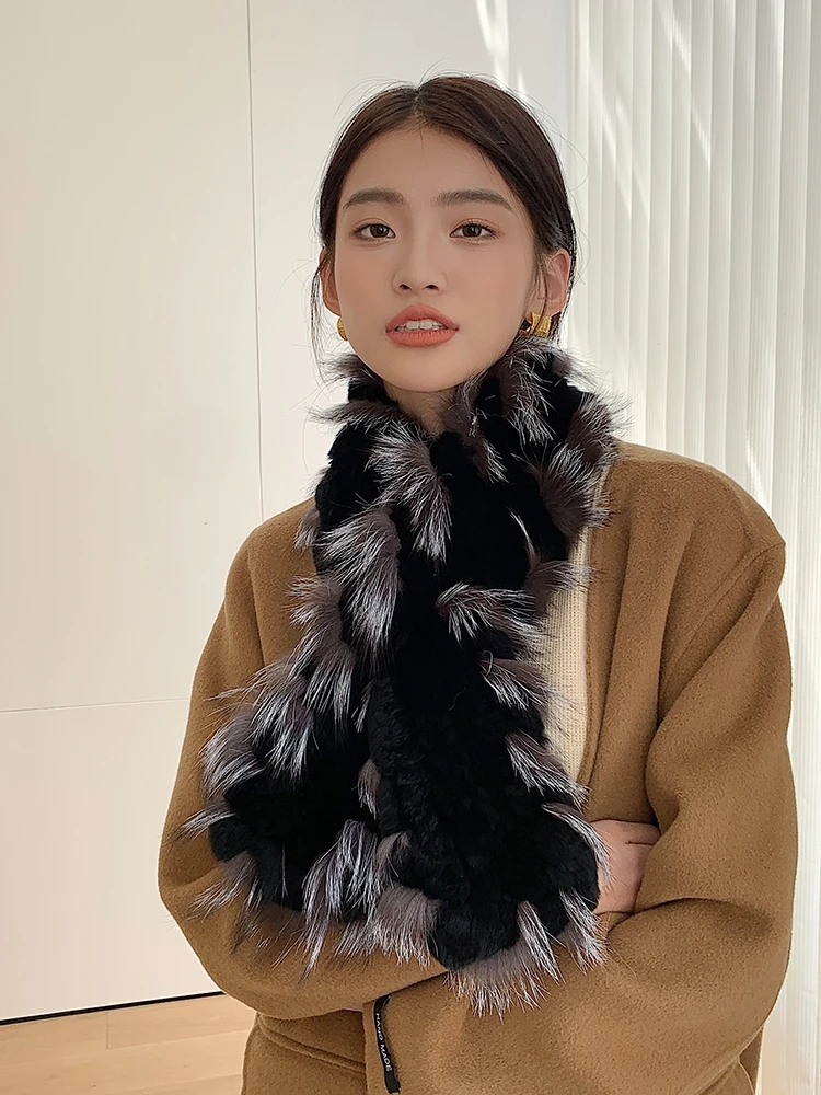 Winter Knitted Genuine Rex Rabbit Fur Knit Scarf with Fox Trim CX-S-115