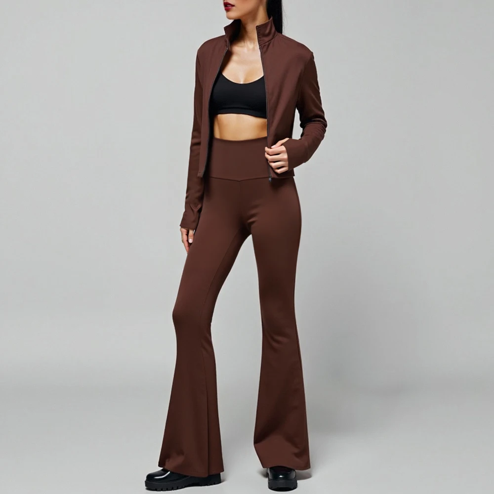 Mia Muse Damessets Herfst Dagelijks Eenvoudig Rits Effen Lange mouwen Opstaande kraag Hoge taille Bell-Bottoms Volledige lengte Casual sets