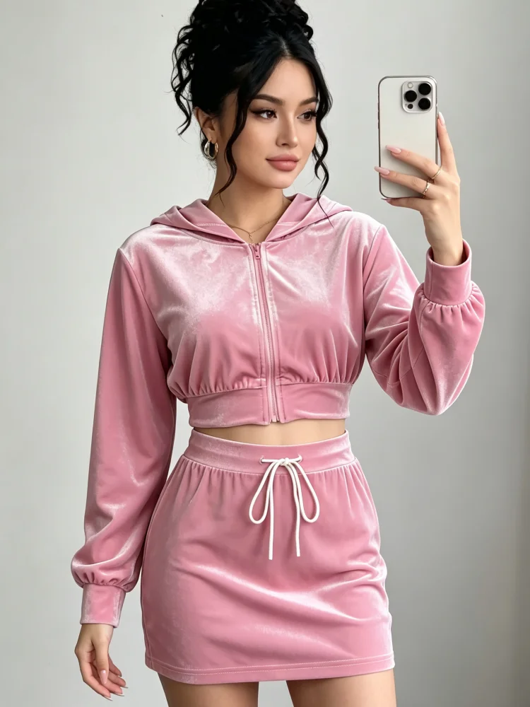 Damen 2-teiliges Outfit, Samt-Kapuzen-Oberteil mit durchgehendem Reißverschluss und kurzem Schnitt & Minirock mit Kordelzug, langärmlig, lässig, Streetwear