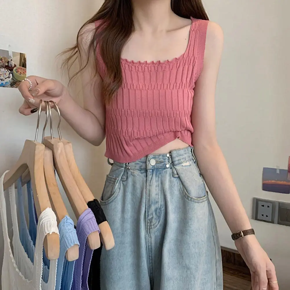 

Vest Tank Square Collar Lines Camisole Exposed Navel Ladies Suspender Sexy Solid Color Slim Knitted Crop Top Female Clothing