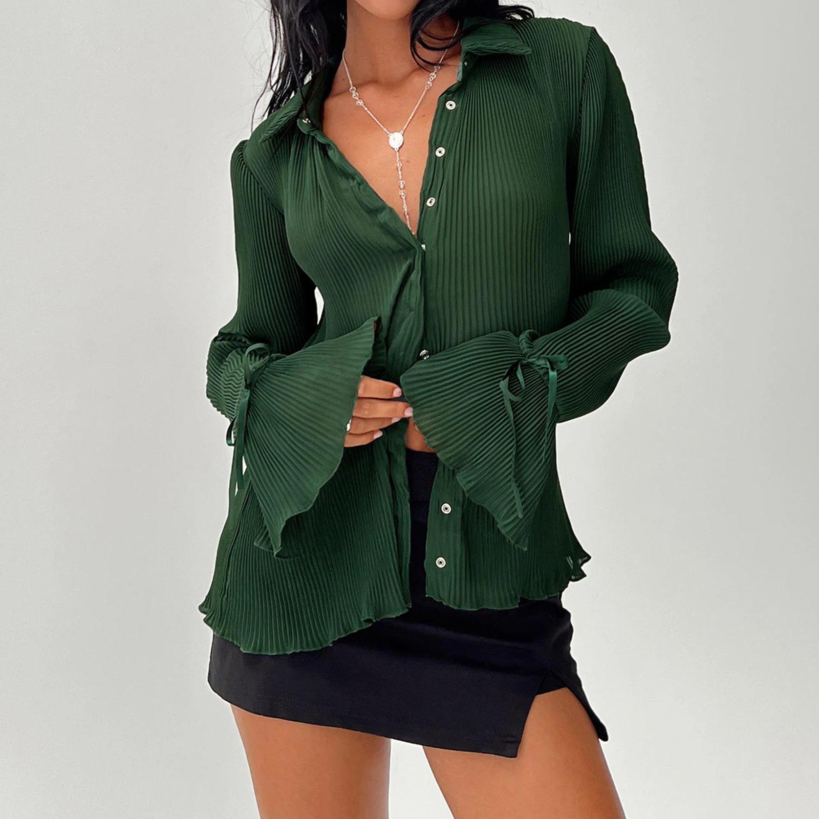 

hirigin Fashion Women Pleated Shirts Tops Solid Color Long Flare Sleeve Collared Button-up Blouse Casual Spring Fall Streetwear