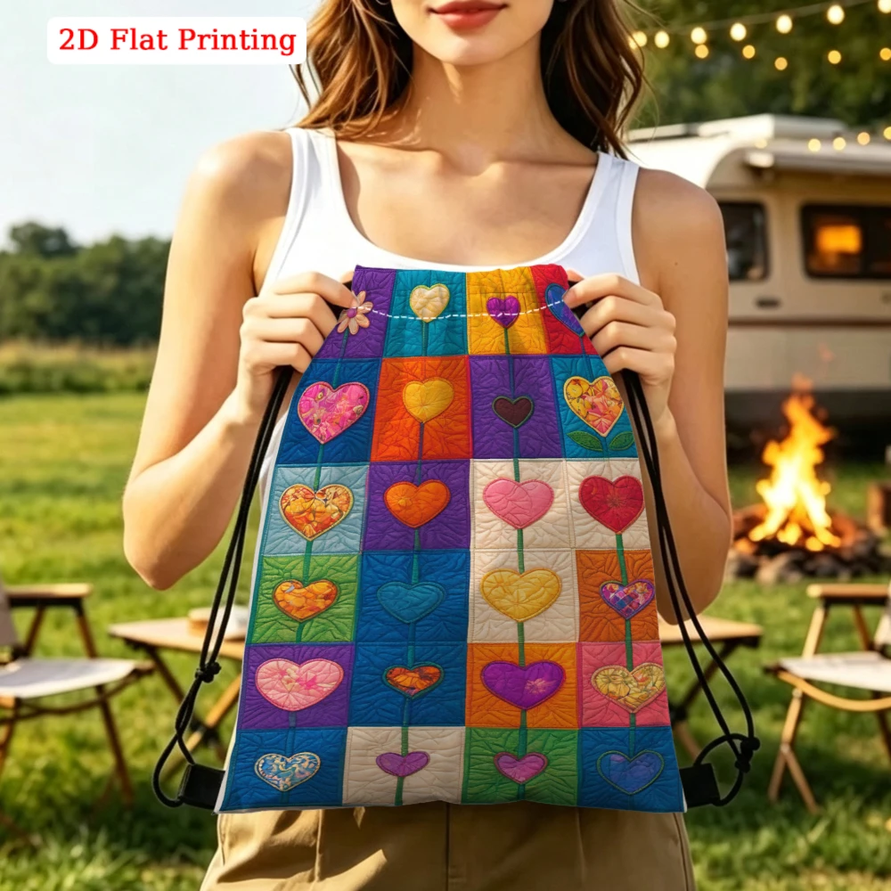 Colorful Quilted Heart Pattern, Drawstring Backpack, 2D Flat Printing Floral Design, Gym Sports Bag, Outdoor Travel Cinch Sack