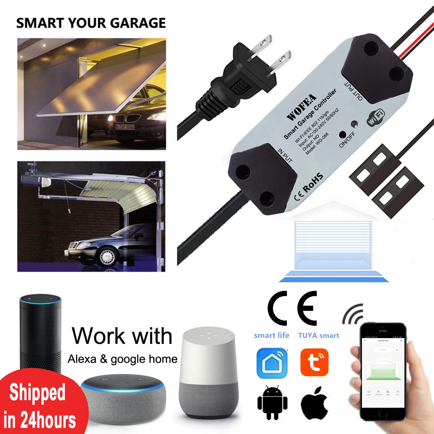 Imagem -01 - Trabalho Inteligente do Controlador do Abridor da Porta da Garagem do Interruptor de Wifi com Alexa Eco Google Smartlife Casa Tuya Controle App Nenhum Hub Exigem trabalho inteligente do controlador do abridor da porta da garagem do interruptor de wifi com alexa eco google smartlife casa tuya controle app nenhum hub exigem 01