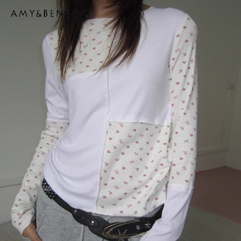 

2025 Autumn New Floral Splicing Women's Long Sleeve Top Korean Style Loose Versatile Long Sleeve Bottoming Shirt T-Shirt Ladies