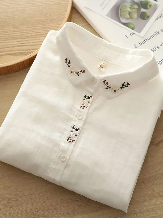 Spring Autumn New Style Women's Loose Fit Long Sleeve Shirt Thin Embroidered Vintage Base Layer Top White Collar