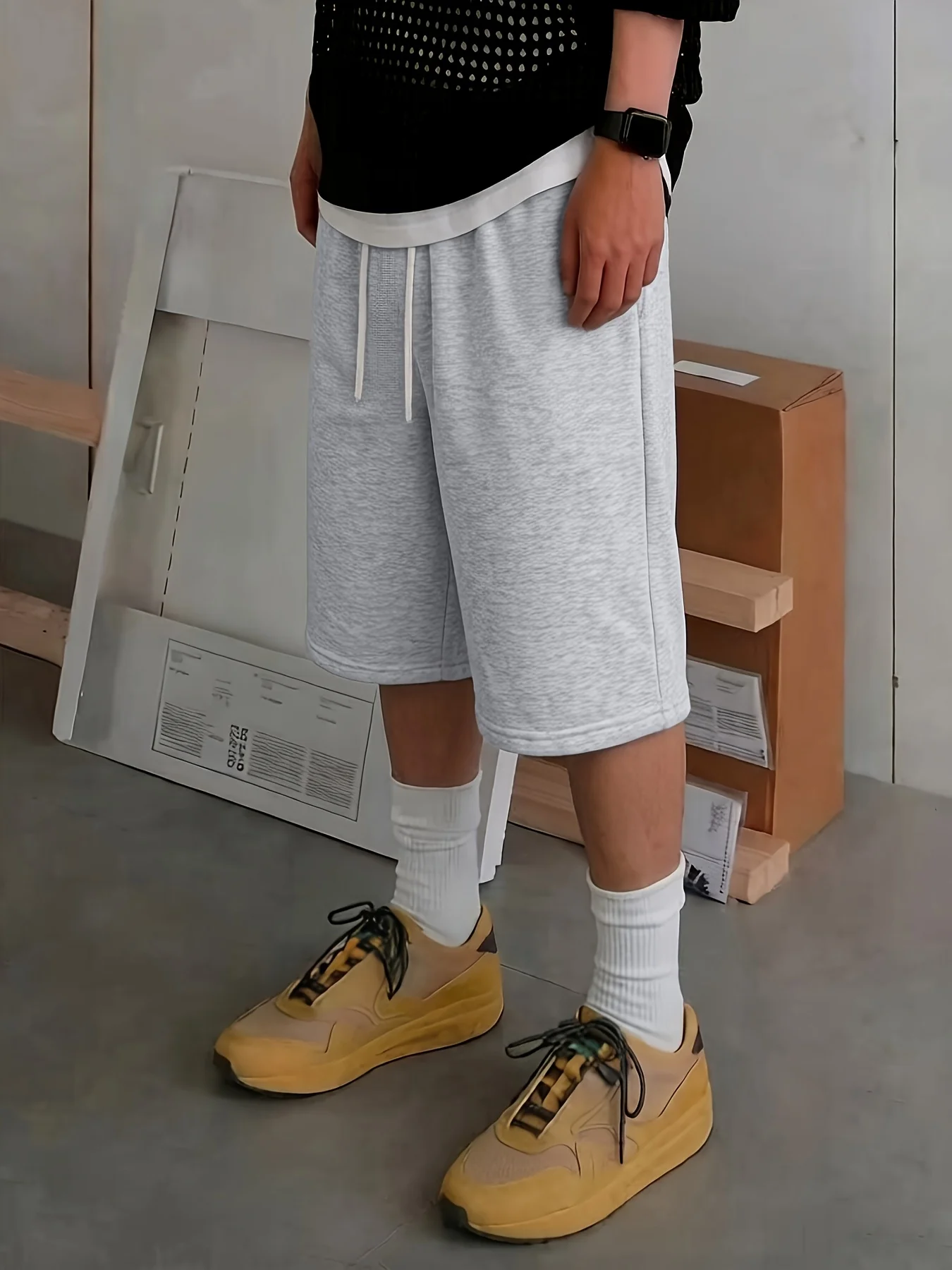 American High Street Style Solid Color Wide Leg Shorts Drawstring Design Versatile Pants Hanging Men's Straight Leg Loose Shorts