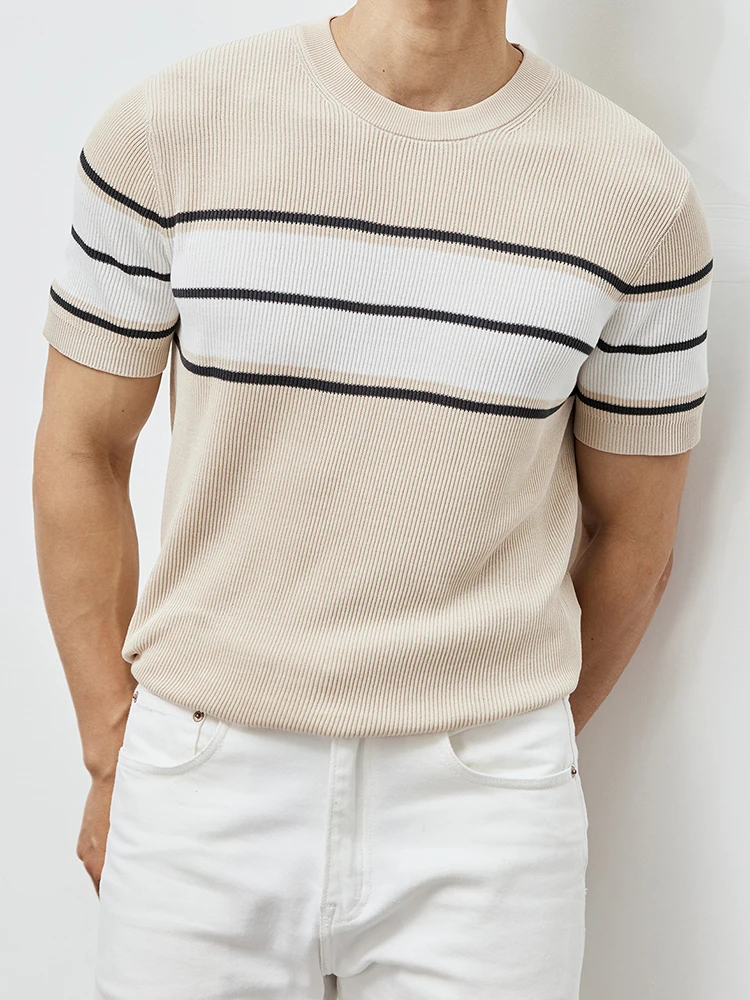 Summer men's high appearance level craft color contrast striped casual knitted pullover round neck short-sleeved T-shirt