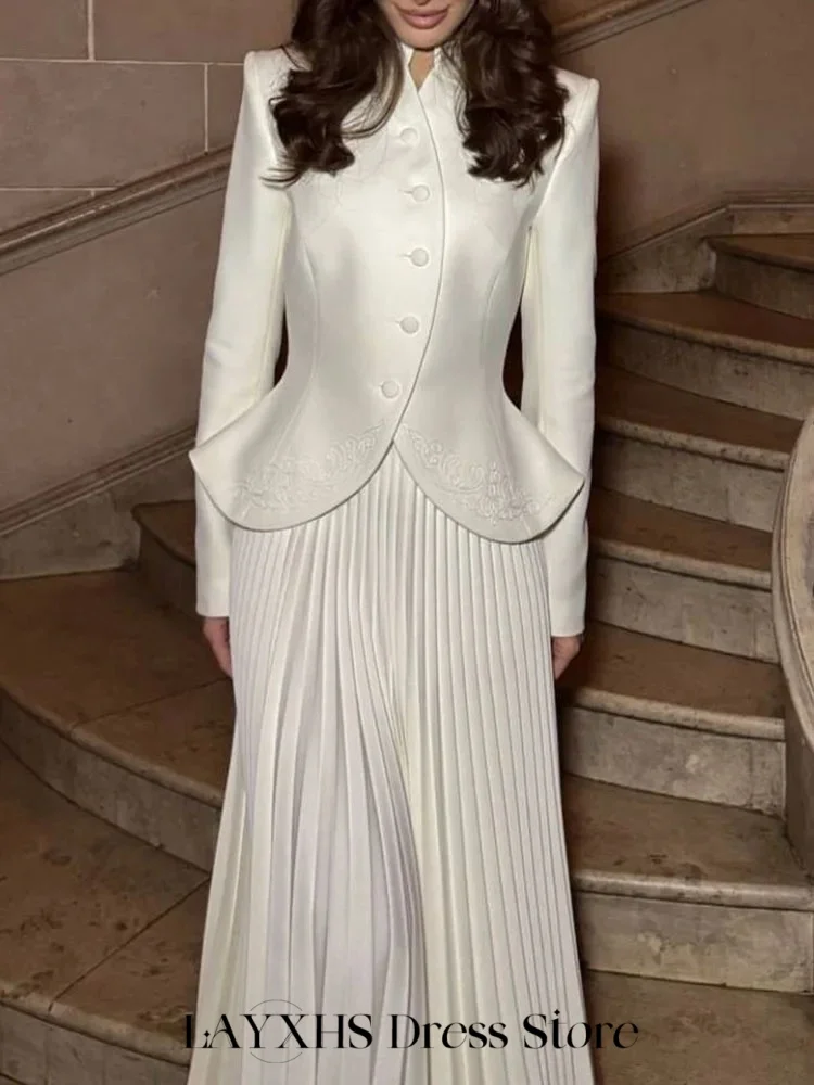 Eleganckie sukienki wieczorowe LAYXHS, dwuczęściowe, z długim rękawem, zapinane na guziki, w kształcie litery A, plisowane sukienki na studniówkę, szyte na miarę فساتين سهرة