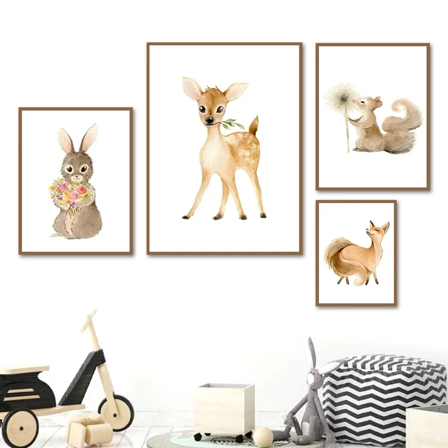 Animal Wall Art Canvas - Hedgehog Raccoon Squirrel Rabbit Deer Prints Kids Room Decor Posters And Pictures