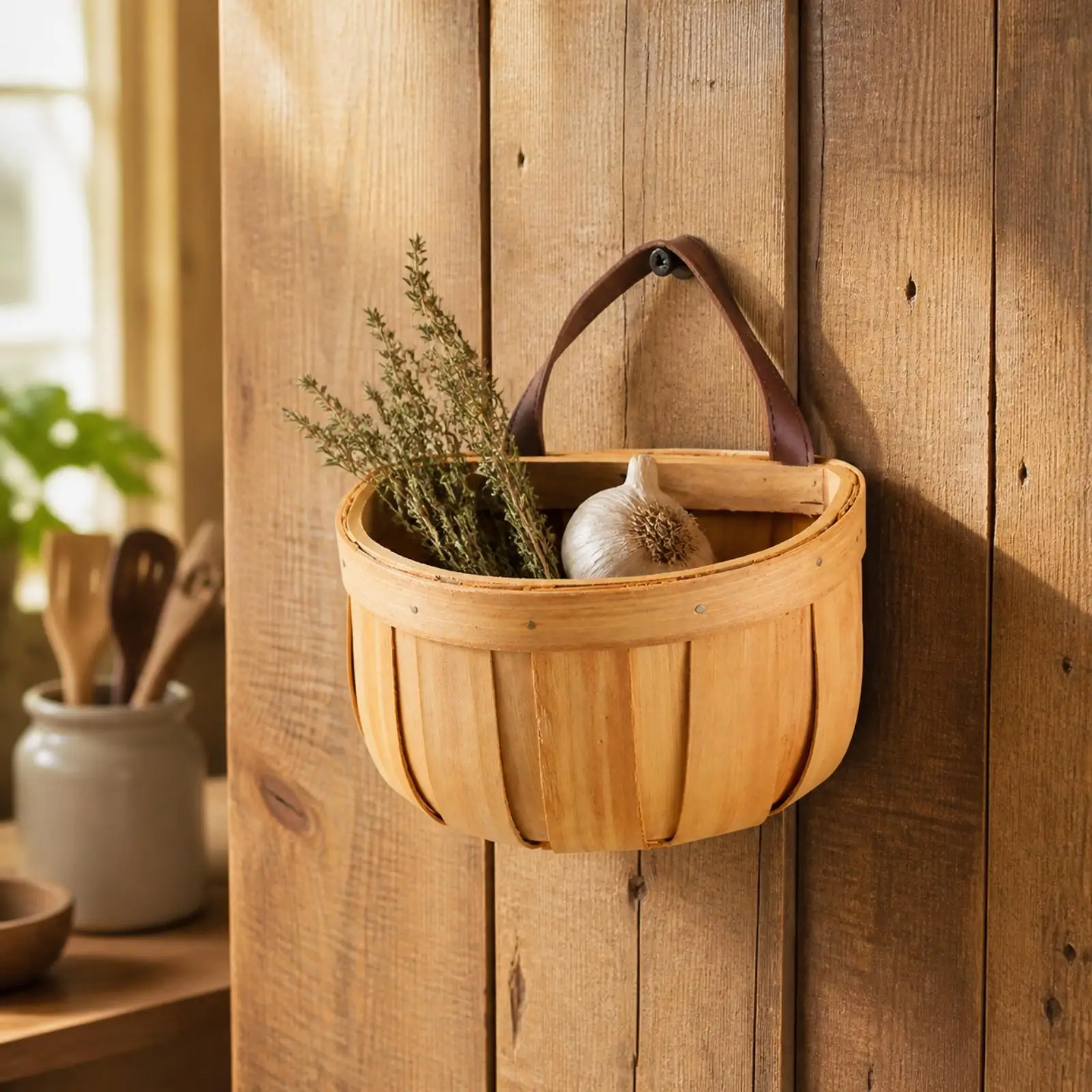 Pumpkin Shaped Wooden Wall Hanging Basket with Leather Handle for Kitchen Storage Organizer