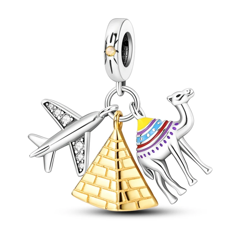 100% 925 Sterling Silver Pyramid Aircraft Camel Triple Charm Fit DlY Bracelet Necklaces Women's Anniversary Jewelry Gift