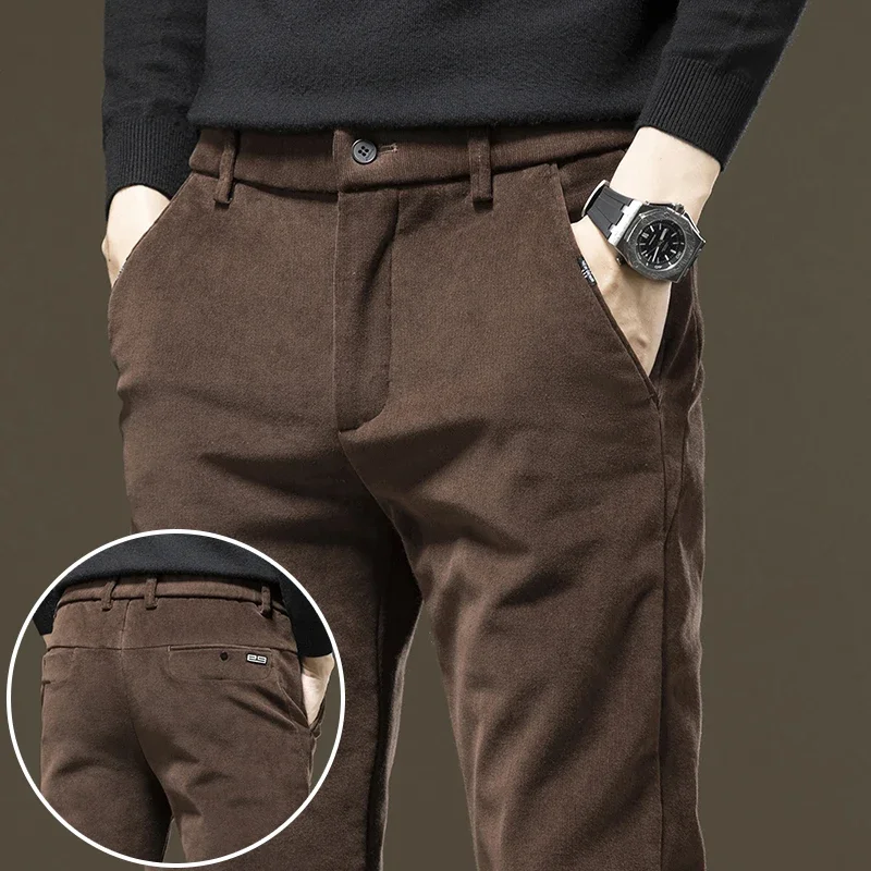 Black Corduroy Casual Pants for Men New Elastic Waist Comfortable Straight Classic Solid Color Business Trousers Male