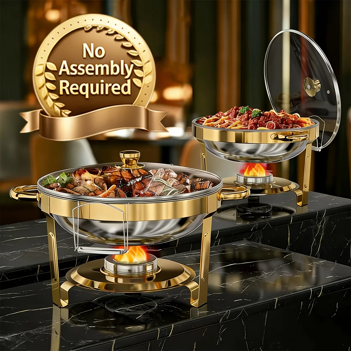 

2/4pcs Golden Self-service Hot Pot Set, 5QT [No Assembly Required] Circular Hot Pot Self-service Set, with Glass Cover And Stand