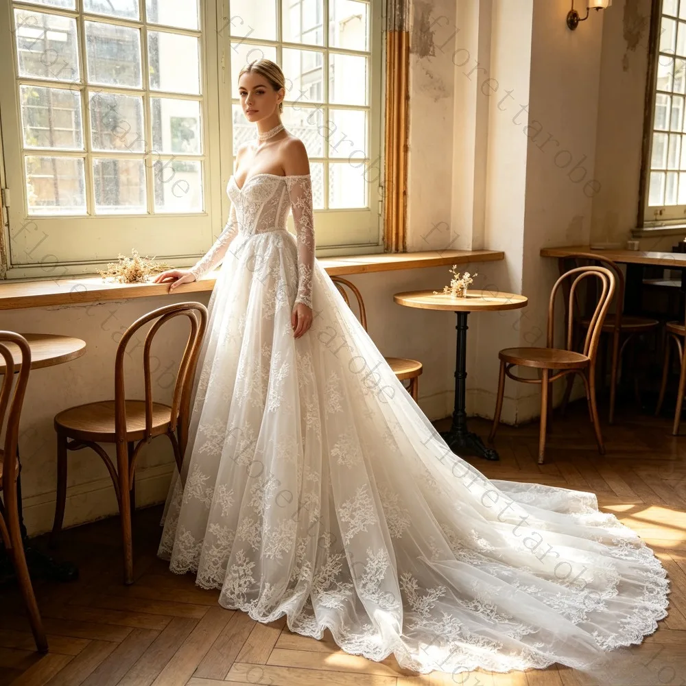 Customized Off Shoulder Lace Full Sleeve A Line Wedding Dress 2026 Elegant Tulle Bridal Gown with Appliques for Garden Ceremony
