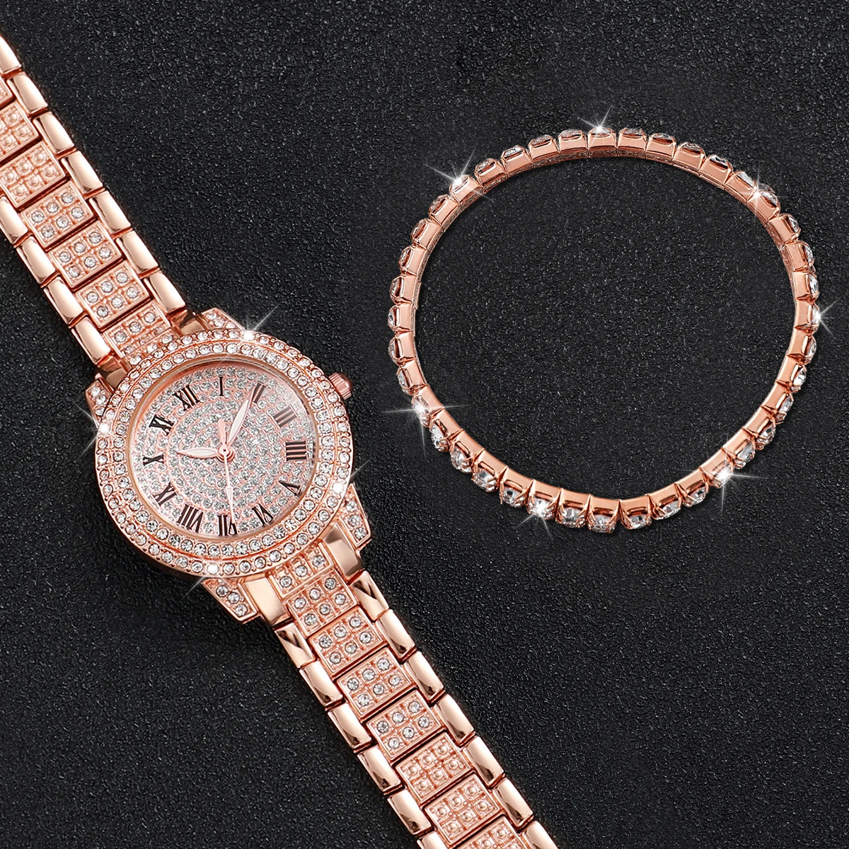 Reloj de lujo para mujer, conjunto de diamantes, correa de acero de oro rosa inglés, pulsera de doble fila de diamantes, 2 piezas por juego