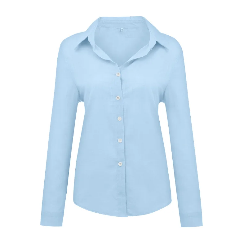 Spring Solid Loose Tops Casual Blouse Long Sleeve Cotton Linen Blue Shirt Single Breasted Office Lady Blusas Verano Mujer 21403