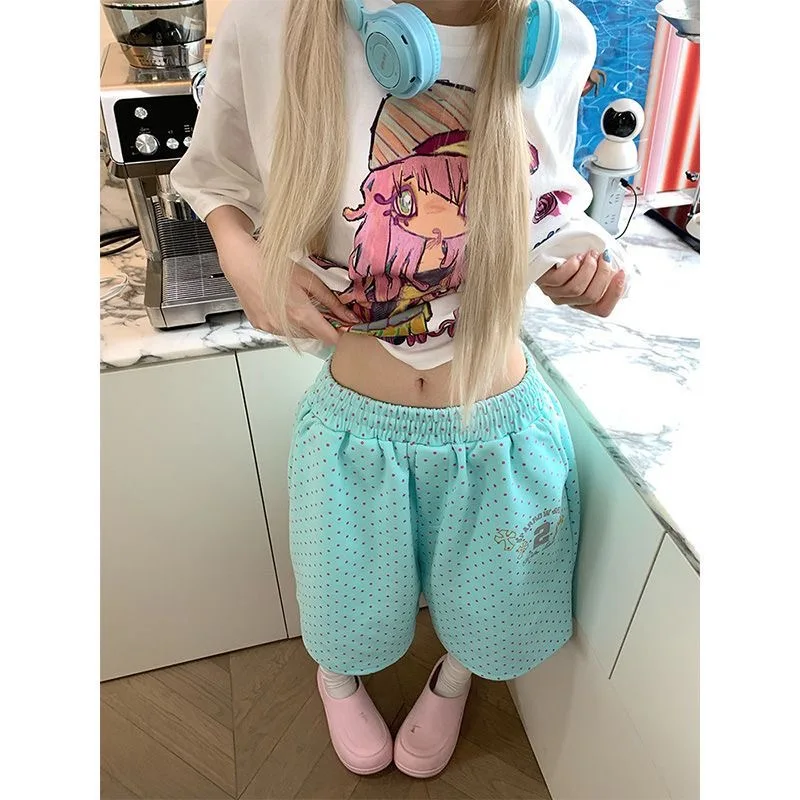 Dopamine New American Star Printed Wide Leg Shorts Summer Sports Straight Female Clothing High Waist Elastic Loose Shorts