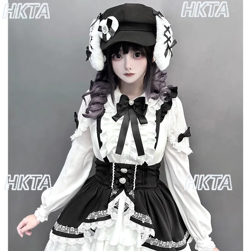 Japanese Mass Produced Sweet Lolita Lace Pleated Bow Shirt Top Cascade Ruffle Edge Flying Sleeved Cake Strap Skirt Suits Women