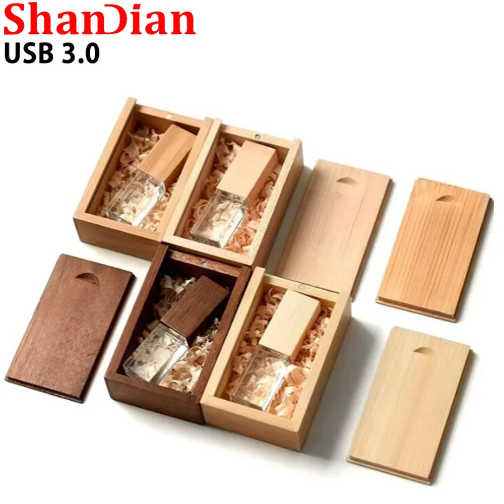 Maple Wood Crystal High Speed USB 3.0 128GB Flash Drive 64GB Pen Drive Wooden Box Creative Wedding Photography Gifts