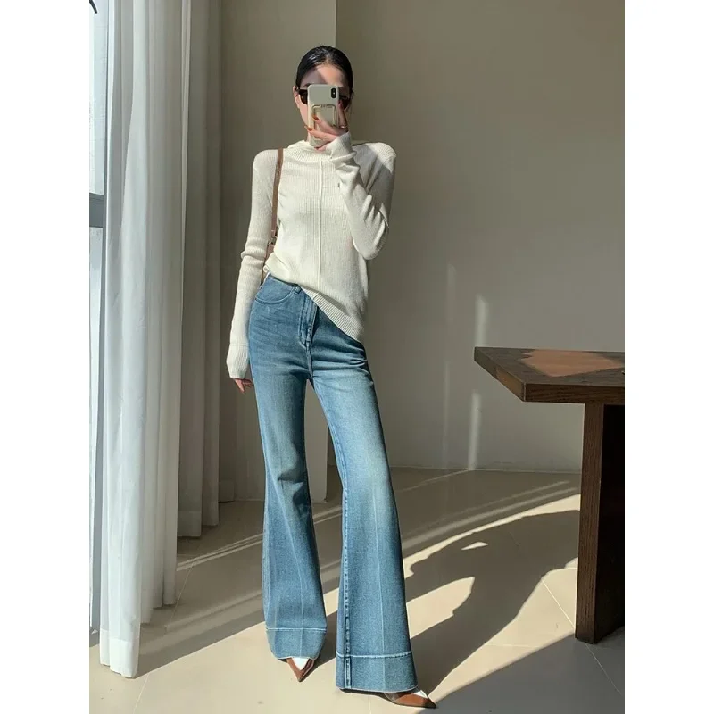 Tall Girl Casual Flare Jeans 90s Retro Whiskers Plain Bootcut Pants High Waist Trousers Work Style Women Streetwear