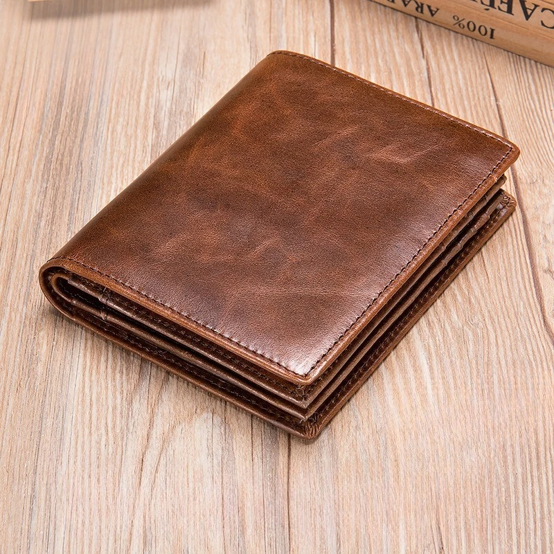

Мужской двойной кошелек из натуральной кожи RFID из воловьей кожи, короткий кожаный кошелек с держателем для карт с верхним слоем