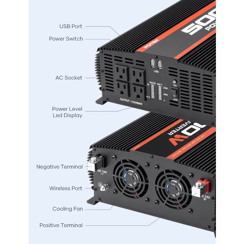 5000W Power Inverter 4 AC Outlets 12V DC to 110V AC Car Inverter with 2 USB Ports Black