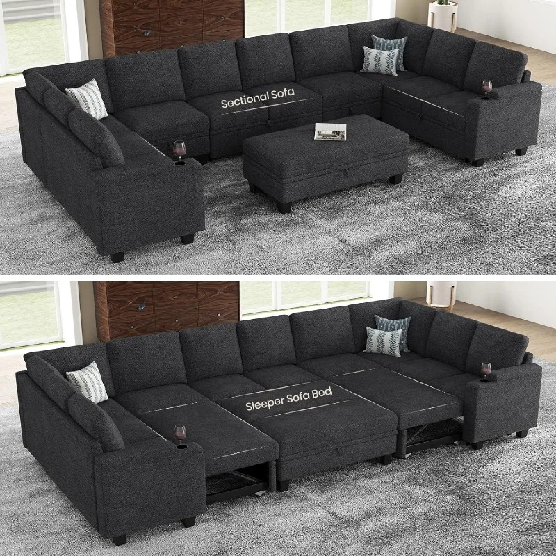 Large Modular Sectional Sleeper Sofa with Pull Out Bed Oversized U Shaped Sectional Couches for Living Room. Dark Gery C