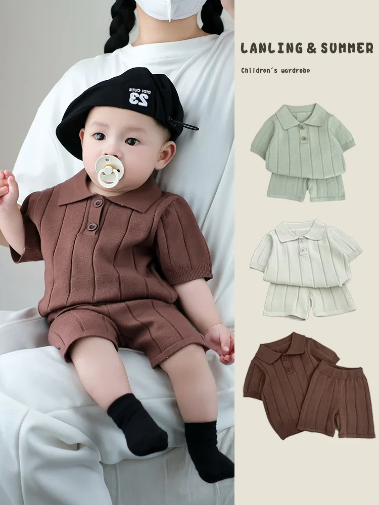 イン春秋幼児男の子ポロニットシャツ薄い夏のセーター幼児女の子半袖トップスショーツ子供服