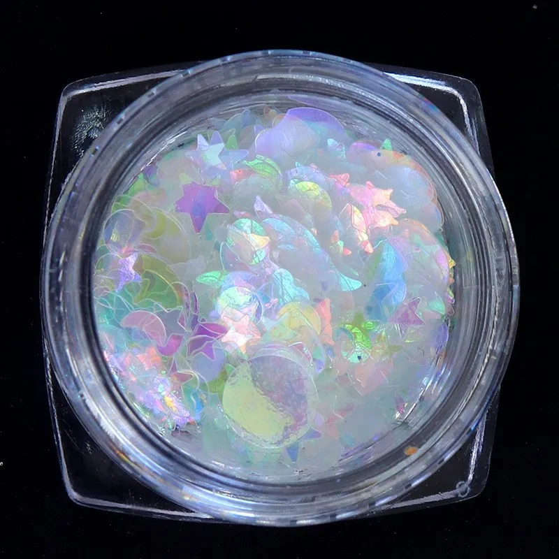 1 Pot Nagel Glitter Pailletten Poeder Gemengde Grootte Ster Maan Liefde Hart Patroon Aurora Kleur Holografische Ultra-Dunne Manicure Decor