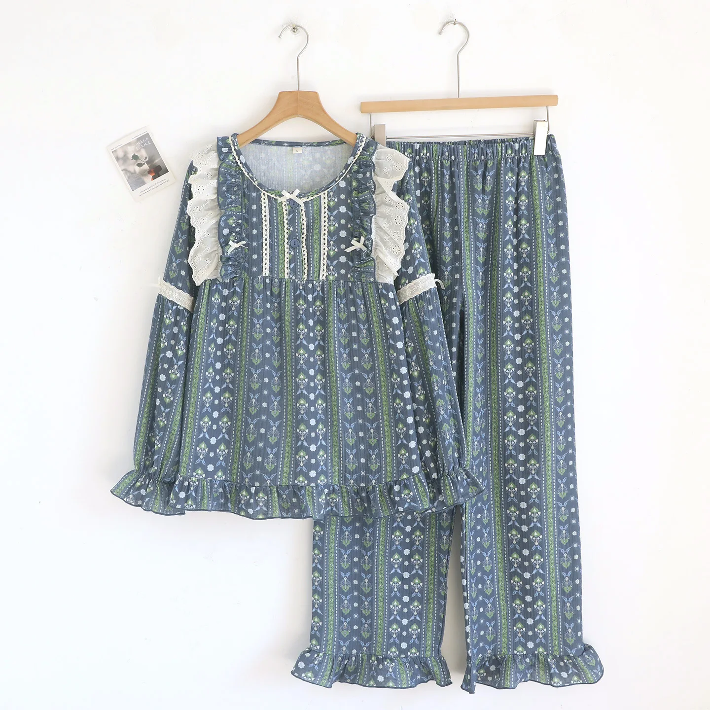 

2026 Spring And Autumn Women's Pajama Set 100% Cotton Crepe Long Sleeved Pants Two Piece Nightwear For Woman Home Service