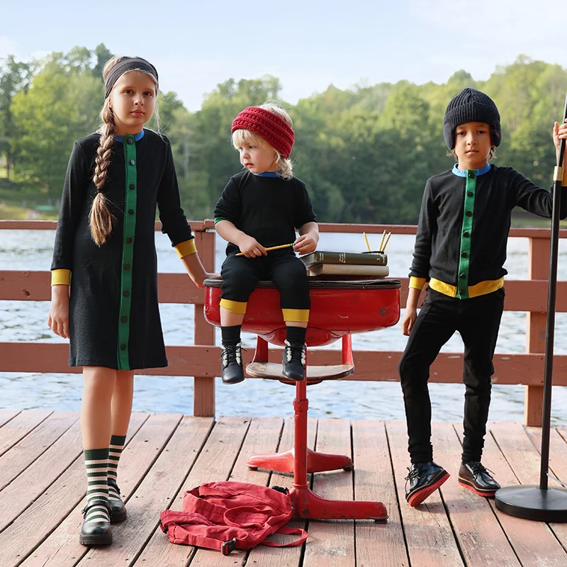 

AA-Colorblock waffle Knit set shirt girl dress and baby romper contrasted edges rib black family clothing front buttons opening