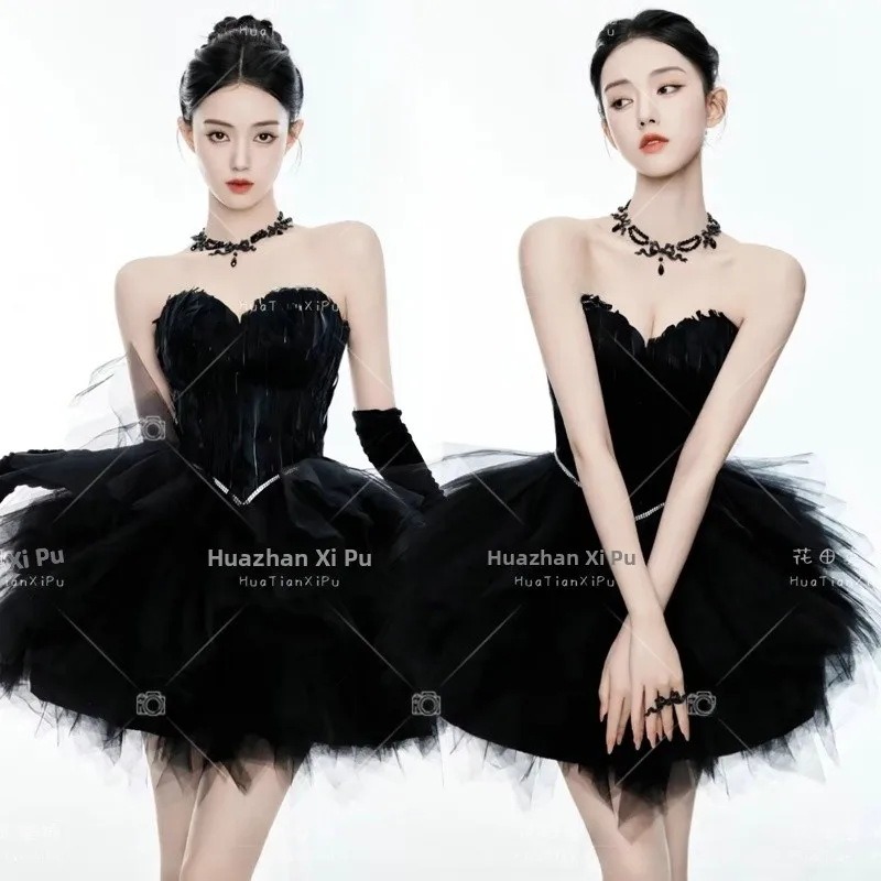 

Black Feathers Halter Performance Clothes Studio Photography Outfits New Forest Elf Style Short Skirt Birthday Photoshoot