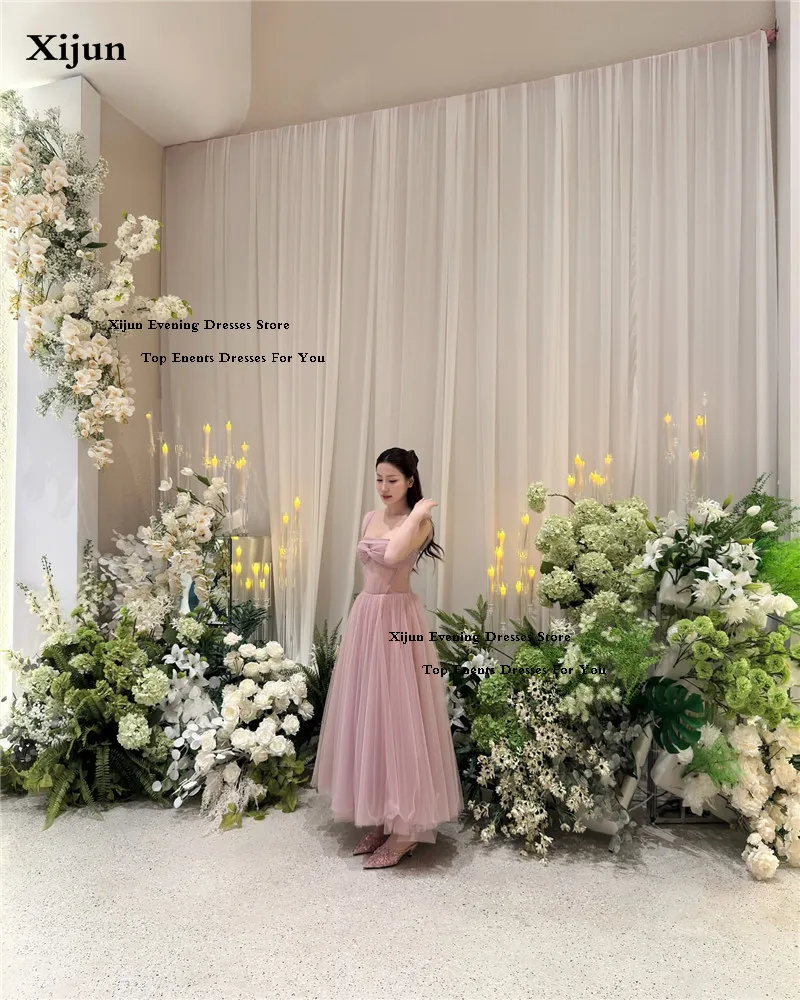 Xijun rosa vestidos de noite uma linha babados tule vestidos de baile cinta espaguete estilo coreano tornozelo comprimento vestidos de baile personalizado