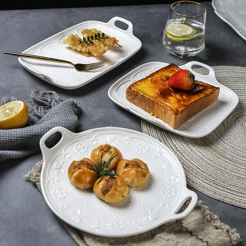 Pure White Relief Flowers Dining Plate Retro French Style Ceramic Plates Light Luxury Household Salads Desserts Plate Tableware