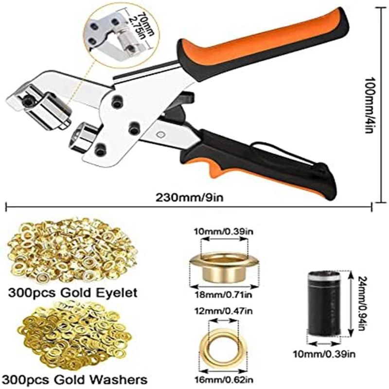 Alicate de ilhó para lona, conjunto de alicates de ilhó com 300 ilhós (diâmetro 10 mm), alicate de ilhó 10 mm para couro, tecidos